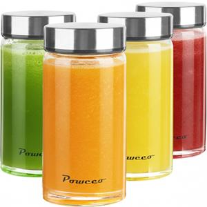 Glass Juice Bottles 4 Pack 12 oz - Wide Mouth Glass Water Bottles with Lids - for Juicing, Protein, Smoothie, Milk, Reusable, BPA Free, Stainless Steel Lids, Blender, Shaker Bottle (400ml)