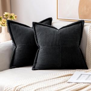 MIULEE Corduroy Pillow Covers with Splicing Set of 2 Super Soft Couch Pillow Covers Broadside Striped Decorative Textured Throw Pillows for Cushion Bed Livingroom 18 x 18 inch, Black (18" x 18" (Pack of 2))