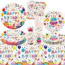 Happy Birthday Party Supplies - Colorful Polka Dots Party Tableware - Dinner Plates Desserts Plates Cups Napkins Tablecover Straws for Rainbow Dots Kids Baby Shower Supplies, Serves 20