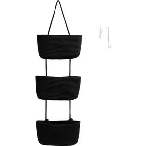 TeoKJ Over the Door Organizer, 3-Tier Woven Cotton Hanging Kitchen Baskets Storage Organizer Bag with Hooks Wall-Mounted Decorative Rope Baskets - Black