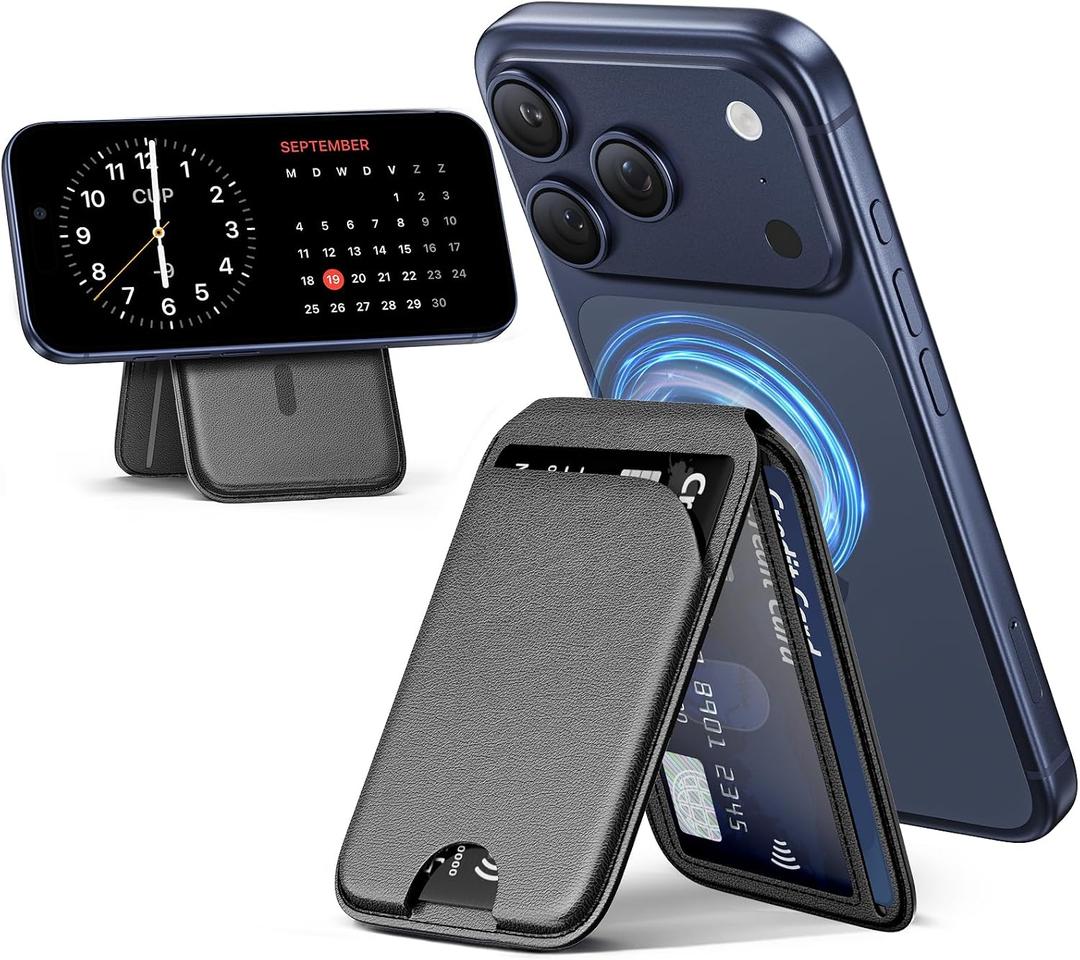 QYQBOON Mag-Safe Wallet Magnetic Wallet for Phone Lightweight Magnetic Phone Pouch Stand Adjustable Leather Mag-Safe Card Holder for iPhone 17/16/15/14/13/12 Series, Not for iPhone 13/12 Mini (Black)