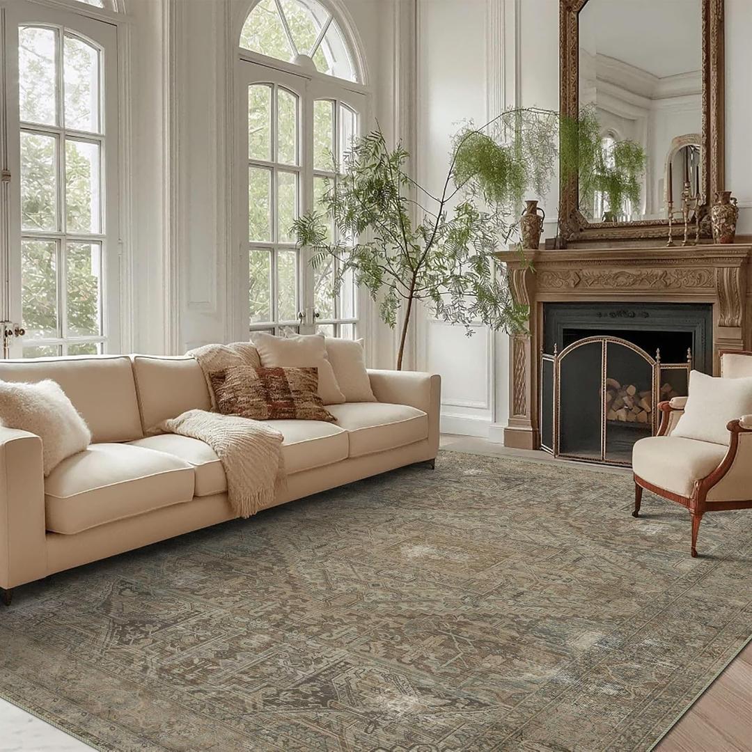 vivorug 8x10 Area Rugs for Living Room, Non-Slip Backing Washable Rug 8x10, Large Area Rug Soft Carpet for Bedroom Dining Room, Vintage, Easy Clean, Durable, Low Pile Rug Under Table, Olive