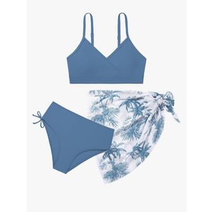 Teen Girls Swimsuit 3 Piece V-Neck Color Block Floral Print Bikini Set with Cover Up Skirt Swimwear Bathing 15-16 Y