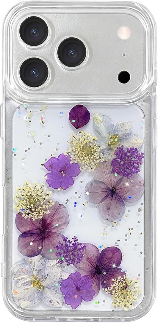 Abbery for iPhone 17 Pro Max Case Clear with Pressed Dry Real Flower Design Cute Bling Glitter Soft TPU Shockproof Protective Women Girl's Purple Floral Phone Case for iPhone 17 Pro Max