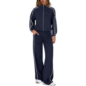 Nirovien Womens Sweat Set Track Suits 2 Piece Outfits Matching Lounge Set Piping Zip Up Sweatshirt Wide Leg Pants (Large, Navy Blue)