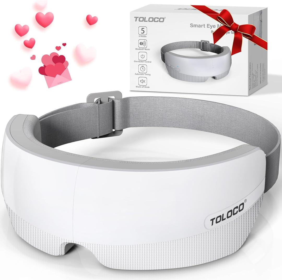 TOLOCO Eye Massager with Heat, FSA/HSA Eligible Eye Mask Massager for Migraines with Bluetooth Music, Face Massager for Eye Strain, Improve Sleep, Wedding, Birthday Gifts for Women/Men (White)