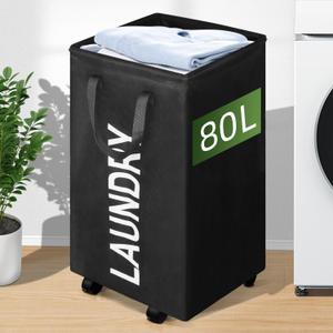 80L Large Laundry Basket with Wheels, 21 GAL Rolling Laundry Hamper with Handle, 27" Tall Square Laundry Basket for Corner, Collapsible and Foldable, (Black)