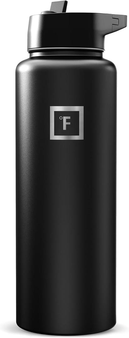 IRON FLASK Camping & Hiking Hydration Flask with Straw, Wide Mouth Insulated Stainless Steel Sports Water Bottle - 40 oz Midnight Black
