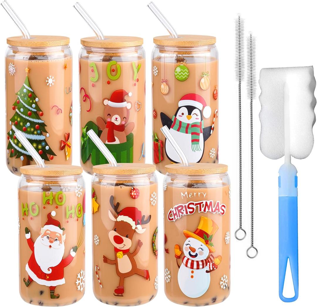 6 Pieces Christmas Can Glass 16oz Coffee Glass Cup with Bamboo Lid and Straw Santa Claus, Elk, Christmas Tree Can Glass for for Water, Juice, Milk, Beer, Whiskey and Christmas Party Supplies