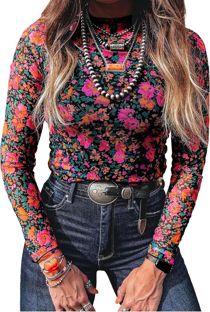 SELINK Long Sleeve Mesh Tops for Women Floral Print Sheer Blouses Mock Neck See Through Shirts Rose-S