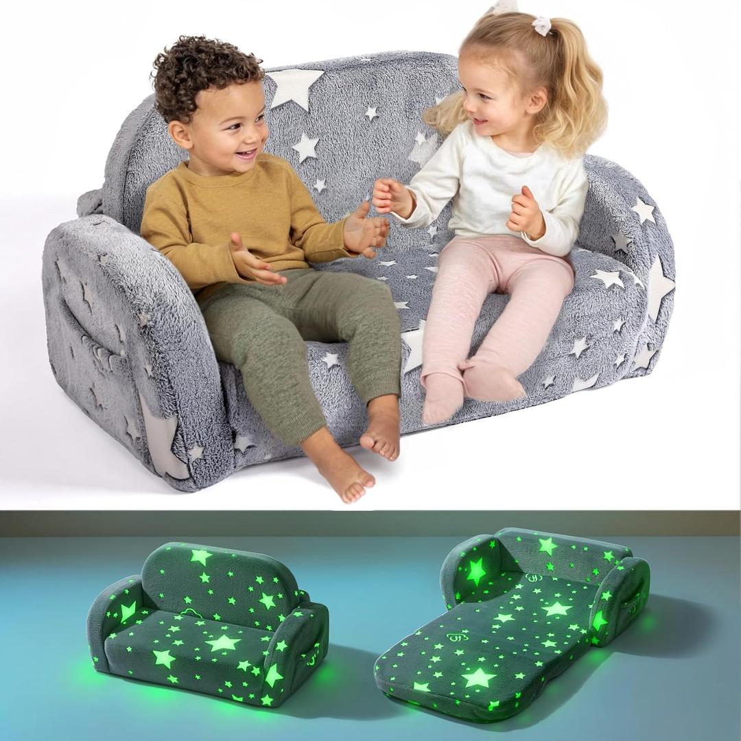 Little Dove 2-in-1 Toddler Couch, Toddler Couches that Fold Out, Glow in The Dark Kids Chair, Extra Wide Kids Couch, Comfy Kid Chairs, Convertible Couches to Lounger, Gifts for Girls & Boys, Star
