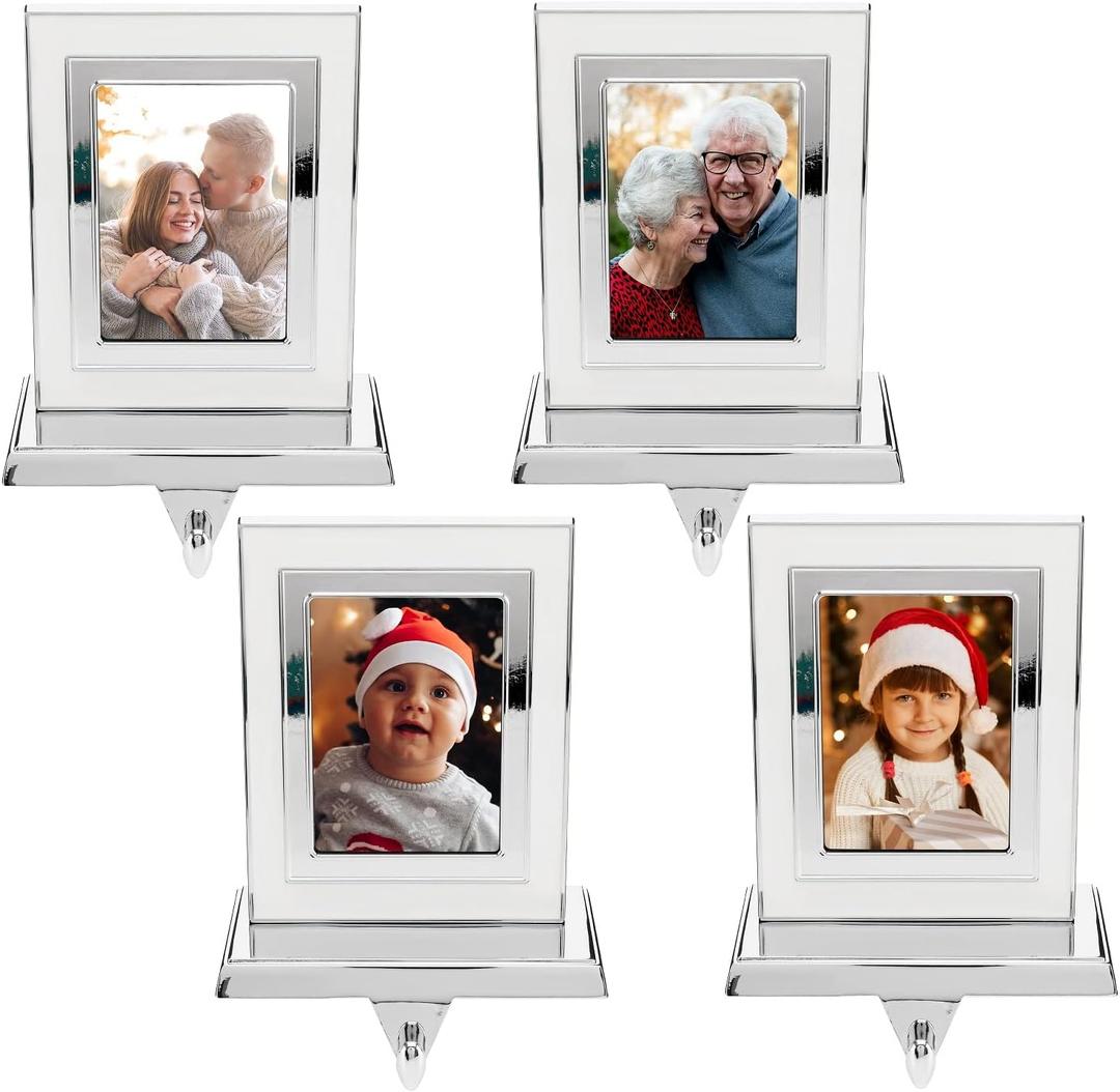 Stocking Holders for Mantle - Set of 4 Picture Frame Holders - White Photo Christmas Hanger