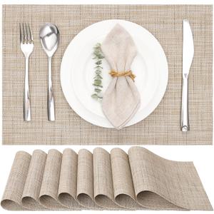 Myir JUN Placemats Set of 8, Vinyl Woven Placemats Place Mats Indoor Set of 8 Washable Table Mats Non-Slip Place mats for Dining Table (Beige, Set of 8)