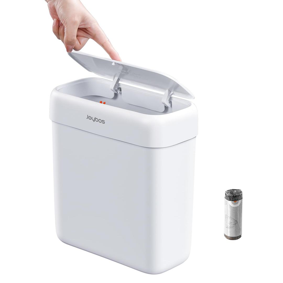JOYBOS Trash Can with Lid, 2.6 Gallons/9.2 Qt Garbage Can with Press Top, Small Trash Can Dog Proof, Plastic Trash Bin, Waste Basket for Rv Bathroom Kitchen Bedroom Office White
