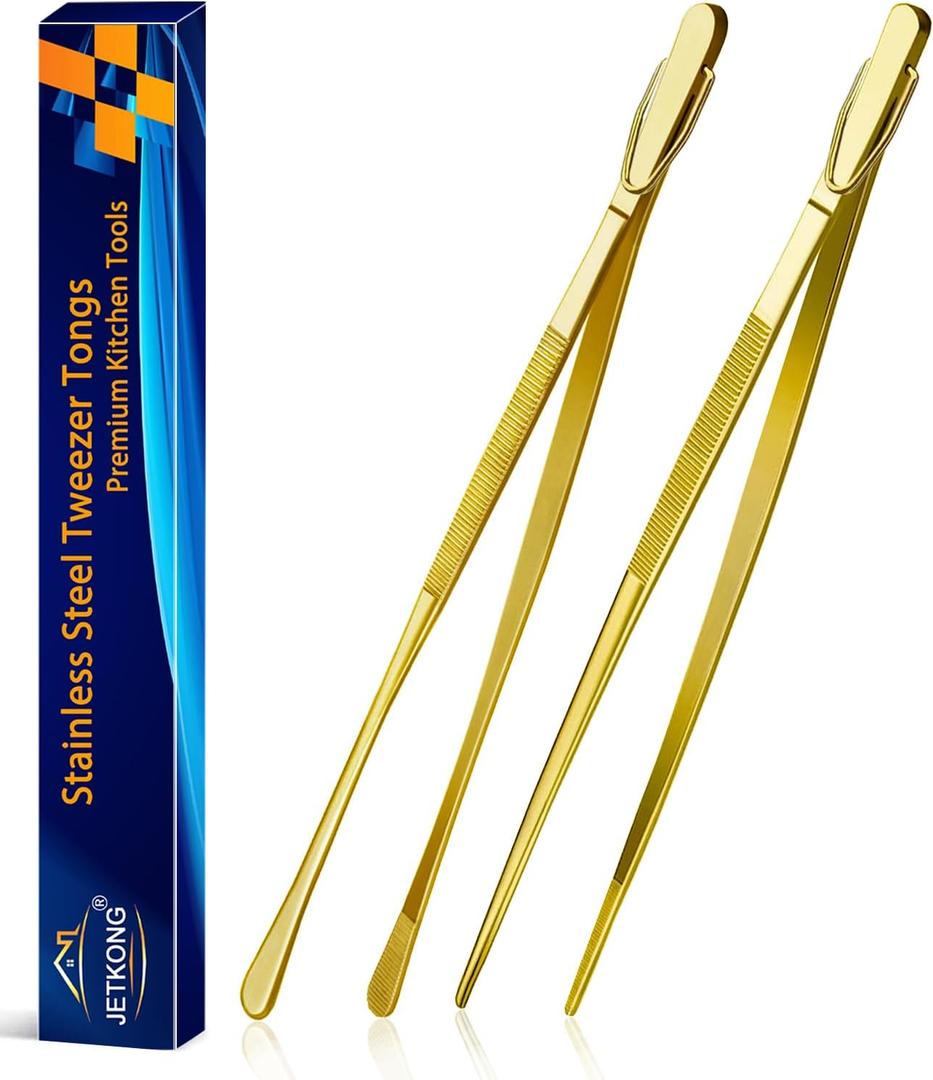 JETKONG 2 Pcs 12-Inch Cooking Tweezers Stainless Steel Food Tweezers Kitchen Tweezer Tongs (Gold)