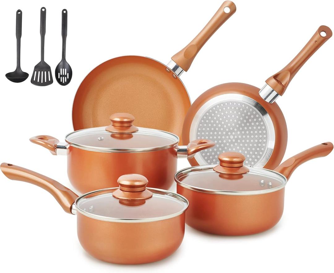 Pots and Pans Set Ultra Nonstick, Pre-Installed 11pcs Cookware Set Copper with Ceramic Coating, Stay cool handle & Nylon Kitchen Utensils, Gas/Induction Compatible, 100% PFOA Free Pots and Pans Set Ultra Nonstick, Pre-Installed 11pcs Cookware Set Copper with Ceramic Coating, Stay cool handle & Nylon Kitchen Utensils, Gas/Induction Compatible, 100% PFOA Free