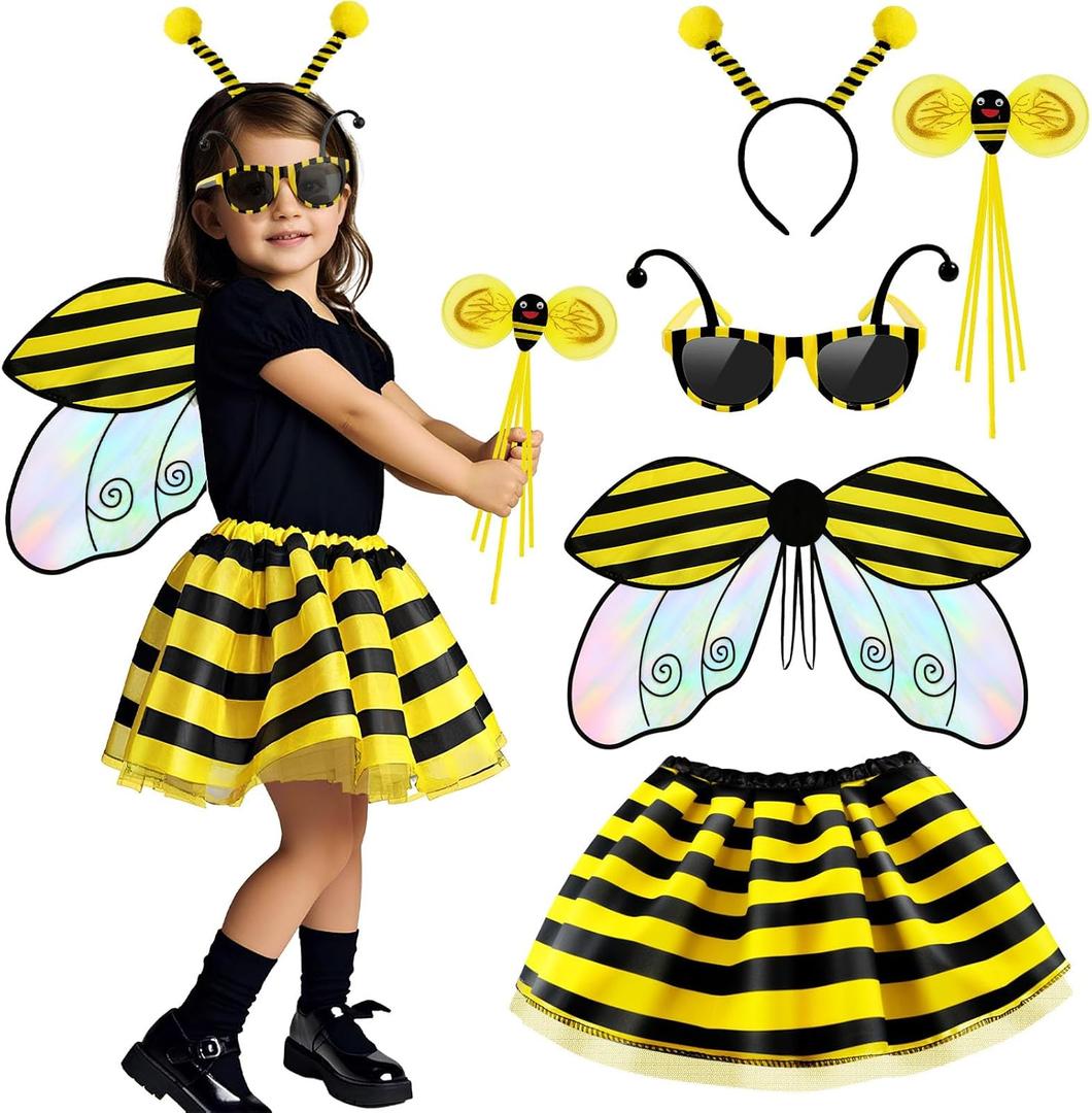 Latocos 5pcs Girls Bee Costume Kids Toddler Bumblebee Wings Tutu with Glasses Crown Headband Halloween Dress Up Gift (One Size Fits 3T-8Y)