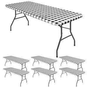 REWOMC 6 Pack Buffalo Rectangle Picnic Table Cloth, Elastic Fitted Vinyl Tablecloths, Flannel Backed Waterproof Plaid Table Covers for Dining, Camping, Outdoor (Black and White, 30" x 96")