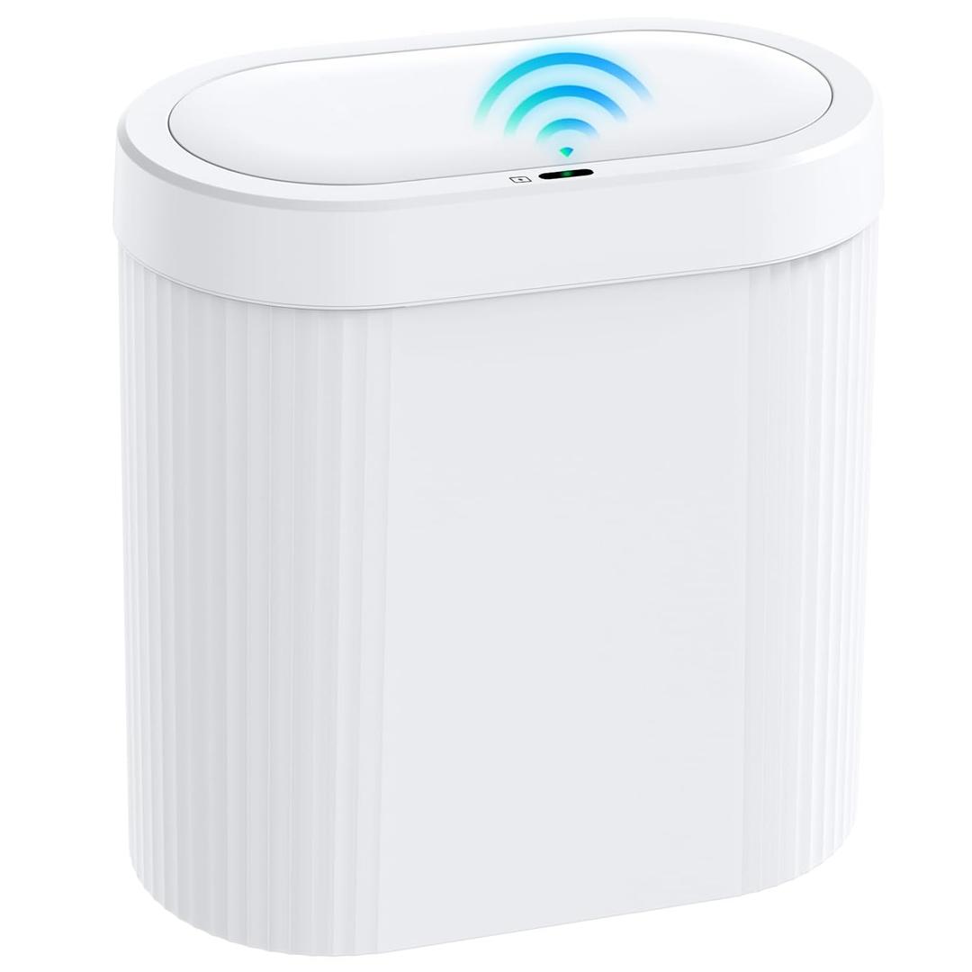 5 Gallon Bathroom Can with Lid, Automatic Motion Sensor White Can, Touchless Slim Waterproof Garbage Bin for Kitchen, Bedroom, Office, and Bathroom