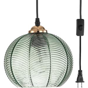 Plug in Pendant Light, Green Glass Pendant Light 14.75ft Hanging Light with Plug in Cord Hand Blown 1-Light Hanging Lamp Plug in Pendant Lighting for Kitchen Bedroom Living Dining Room