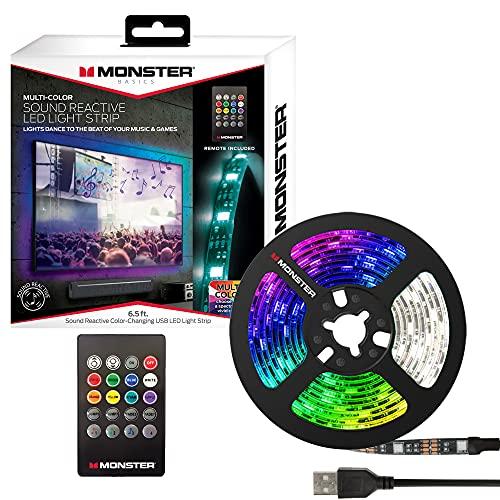 Monster 6.5 ft Multi-Color Sound Reactive LED Light Strip, Smooth Fit to Any Space, TVs, Computers, Kitchens, Bedrooms, Customizable Settings, Remote Control, USB-Powered, Easy DIY Installation