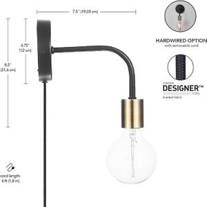 GLOBE Electric 52103 1-Light Long Arm Plug-in or Hardwire Wall Sconce, Matte Black, Matte Brass Socket, Wall Lights for Living Room, Bedroom, Den, Apartment Essentials, Mounted Bedside Lamp