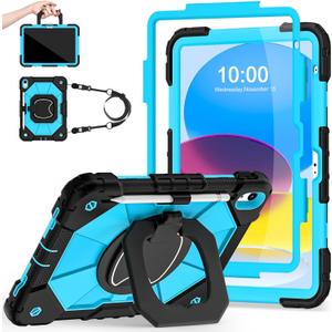 Auizotl Case for iPad (A16)11th /10th Generation 11/10.9 Inch 2025/2022 with Screen Protector Rotating Stand Shoulder Strap Pencil Holder,Military Grade Shockproof iPad Case 10th Generation,Black Blue