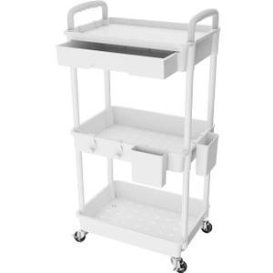 3 Tier Rolling Utility Cart with Drawer,REBECAT Utility Cart Made of Multifunctional Storage Organizer Tool for Kitchen,Bathroom,Living Room,Office(White)