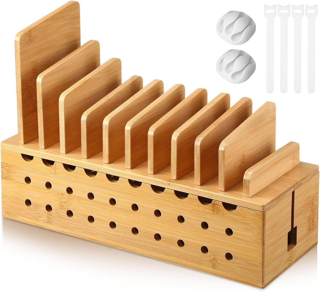 Bamboo Charging Station for Multiple Devices, Cell Phone Docking Charging Station Organizer and Cord Organizer for 10 Devices for Power Strip Storage, Phones and Tablets(Primary Color)