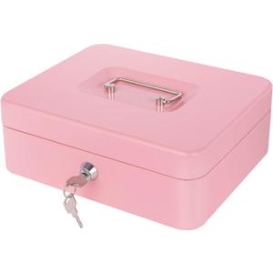 Pink Cash Box with Money Tray and Lock, Metal Money Box for Cash, Lock Box for Money 9.84x7.87x3.54 Inches