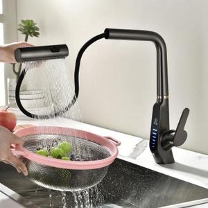 BEITH Waterfall Kitchen Sink Mixer Taps with Pull Out Sprayer, 3 Modes Kitchen Sink Faucet, 360 Rotation, Digital Display, Single Lever Kitchen Tap, 59A Copper, Anti-Corrosion, Durable (Gun Gray)