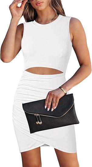 HUUSA Women's Crewneck Sleeveless Cutout Bodycon Mini Dress Casual Summer Slim Fit Cocktail Party Wrap Short Dresses Outfits, White, M