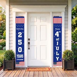 Patriotic Porch Sign Banners, Happy 4th of July and Celebrating 250 Years 1776-2026, 71x12 Inch Waterproof American Flag Door Decorations for Independence Day, Memorial Day (Fourth of July)