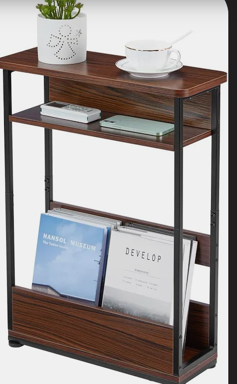 Vintage Narrow Side Table with Storage Shelf, 3 Tier Slim End Table Modern Sofa Table for Narrow and Small Spaces, 24.6 Inch Height Bedside Table Small Nightstand with Magazine Rack