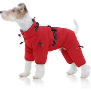 FUAMEY Full Body Dog Coat,Warm Dog Fleece Jackets with Harness Built in Windproof Dogs Snowsuit Zip up Pet Four Legged Pets Jumpsuit Winter Outfit Cold Weather Coats for Small Dogs Red, S