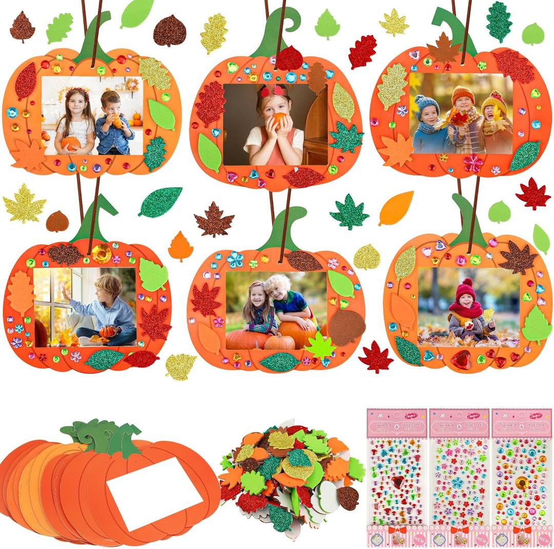 24 Sets Fall DIY Picture Frames Craft Kit Pumpkin DIY Photo Frame Autumn Photo Craft Kit with Foam Maple Leaves Rhinestone Stickers for Thanksgiving Decor Favor Art Gift Kids Classroom Home Activity