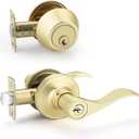 EHOMEWARE Door Handleset with Single Cylinder Deadbolt 4 Pack, Entry Lever Door Handle and Deadbolt Lock and Key Combo Pack - Wave Style Locking Lever Set for Left or Right-Handed Doors (Satin Brass)
