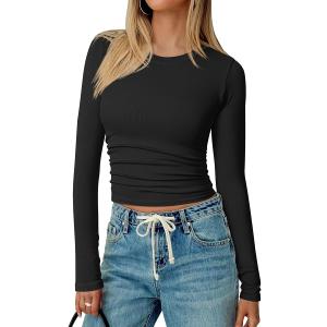 TOB Womens Shirts Long Sleeve Crew Neck Basic Fitted Crop Tops Casual Fashion T-Shirt for Women (Black, M)