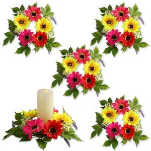 Maysing 4 Pcs Summer Candle Rings Wreaths 3. 15 Inch Center Floral Pillar Candle Rings Artificial Gerbera Daisy Flowers Table Centerpieces Summer Small Wreaths for Tapers Wedding Party