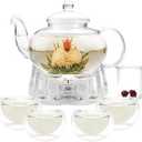 GURUDAR Glass Teapot Set, 34OZ/1000ML Glass Tea Kettle with Loose Tea Infuser & Warmer, 5OZ/150ML Double-Wall Tea Cup Set of 4, Stovetop & Microwave Safe Tea Maker, Blooming Tea Gift Set For Women 7Pcs