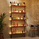 Wall Mounted Wine Rack with LED Light, LED Industrial Pipe Liquor Bar Shelves, 5-Tier Rustic Hanging Organizer for Wine Bottle Storage in Kitchen, Bar, Pub, Cellar (Walnut Brown, 36 Inch), 5t36in