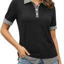 Disamer Womens Summer Tops Spring Fashion 2026 Short Sleeve Shirts Patchwork Button V Neck Tunic Tops Casual Work Blouses (Medium, Plaid Black)