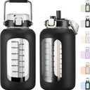 MUKOKO 84oz Glass Water Bottle with Time Marker and Silicone Sleeve 2.5L Water Jug with Stainless Steel Handle Gallon Drinking Bottle with 2-in-1 Lid Wide Mouth BPA Free, Black