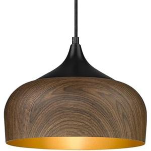 ELYONA Modern Pendant Light Walnut Wooden Pattern Dome Pendant Light Fixture Matte Black Metal Gold Inner Finish Adjustable Hanging Lighting for Kitchen Island Dining Room Office Hallway Foyer Bedroom