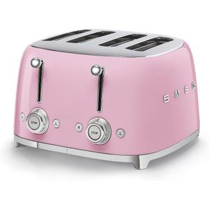 SMEG 4 Slice Toaster TSF03, Retro Stainless-Steel Toaster with Wide Slots for Bagels, 6 Browning Levels, Defrost Reheat Bagel Functions, Dual Controls, Crumb Trays, 1800W - TSF03PKUS - Pink