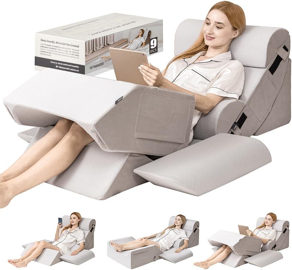 9PCS Orthopedic Bed Wedge Pillow Set for After Surgery Recovery, Body Positioners for Back and Leg Pain Relief, Adjustable Memory Foam Comfort for Sitting up in Bed, Ideal for Adult Acid Reflux & GERD