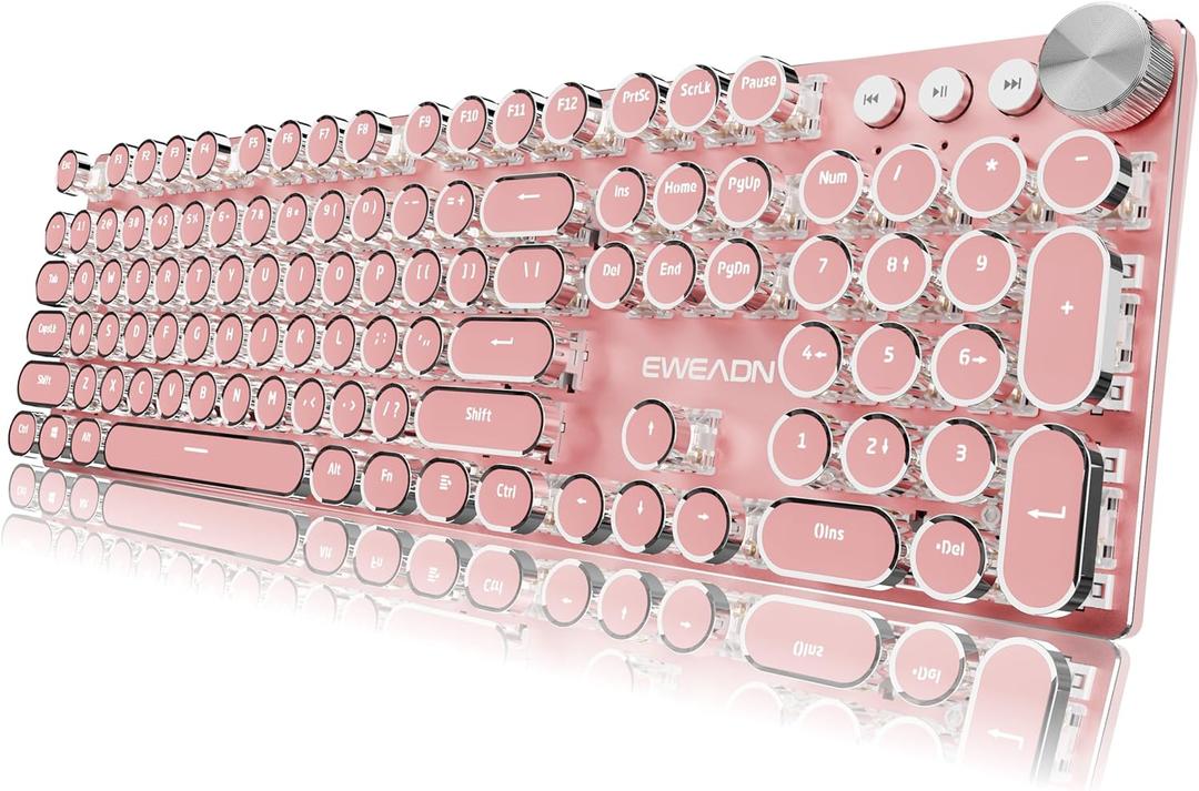 EWEADN Typewriter Style Mechanical Gaming Keyboard, Wired Mechanical Keyboards,104 Keys Backlit LED Keyboards, Media Control Knob, Wired Computer Keyboard White Switch for Windows/Mac/PC-Dark Pink