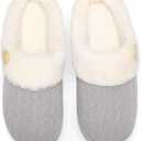 Chantomoo Womens Slipper Warm Comfy Memory Foam House Slippers Knitted Shoes Faux Fur Lined Anti-Skid Rubber Sole Bedroom Cozy Indoor Outdoor Slippers (7-8, Grey)
