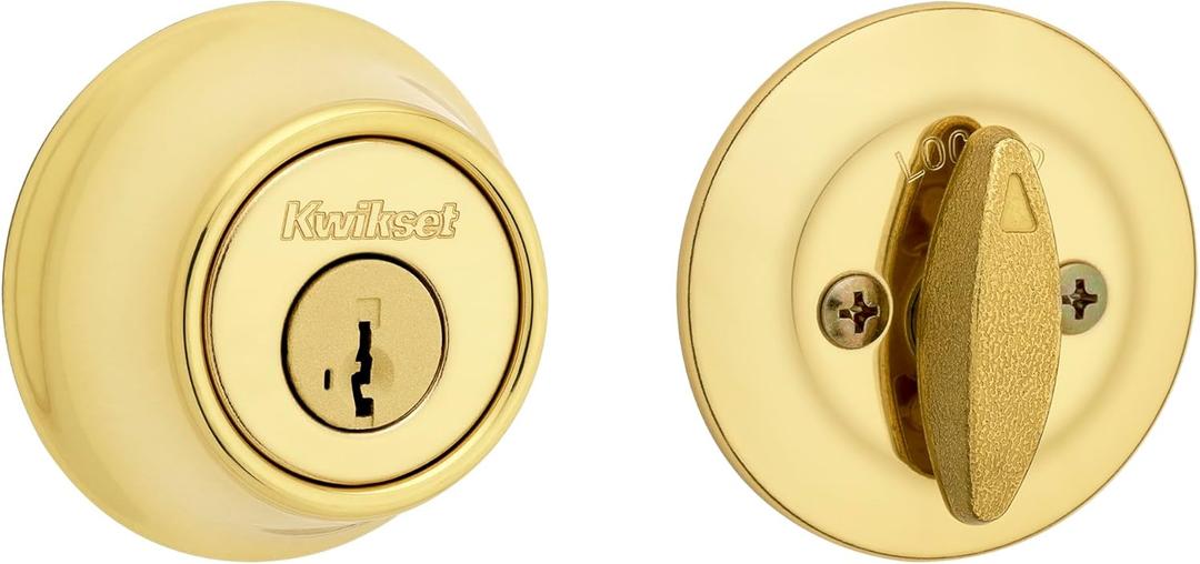 Kwikset 660 Deadbolt Lock, Polished Brass Round Exterior Keyed Front Entry Door, Single Cylinder Dead Bolt, with Microban Protection