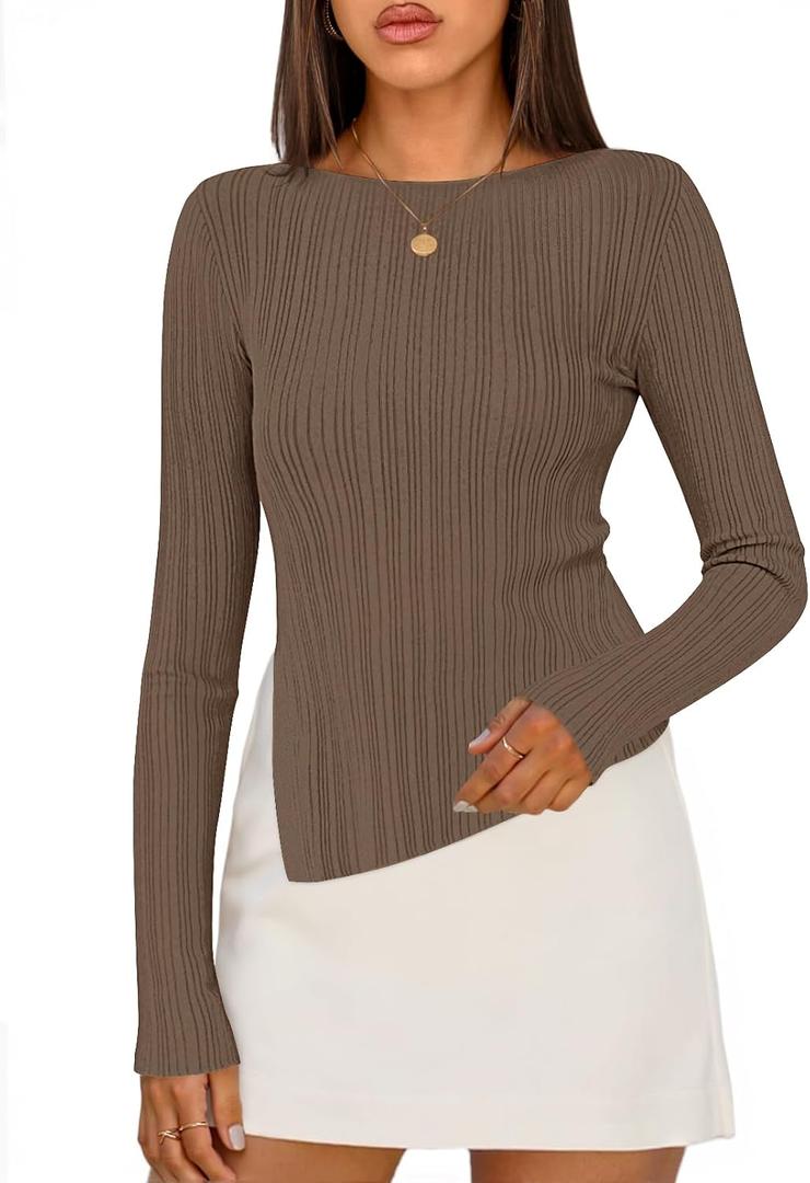 MEROKEETY Women's Fall Long Sleeve Sweater Tops 2025 Boat Neck Ribbed Asymmetric Lightweight Knit Shirts (Brown, L)